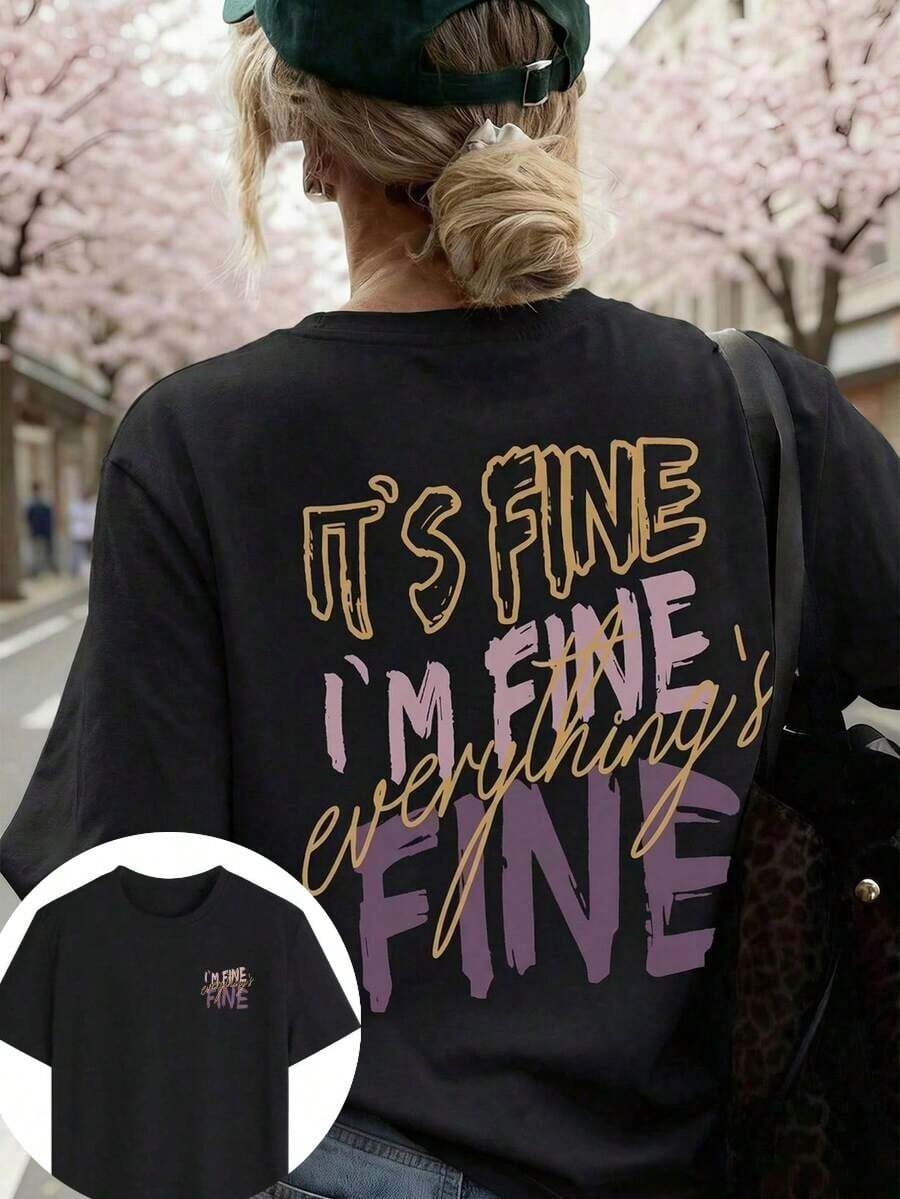 New Arrival 2026: Women's Summer T-Shirt With "FINE" Letter Print, Crew Neck, Short Sleeve, Dark Gray, Modern And Versatile, Suitable For Casual Spring Wear. Soft, Breathable, 100% Cotton Black Fabric, Women's Graphic Print T-Shirt For Everyday Wear. - 黑色 - 查看 1