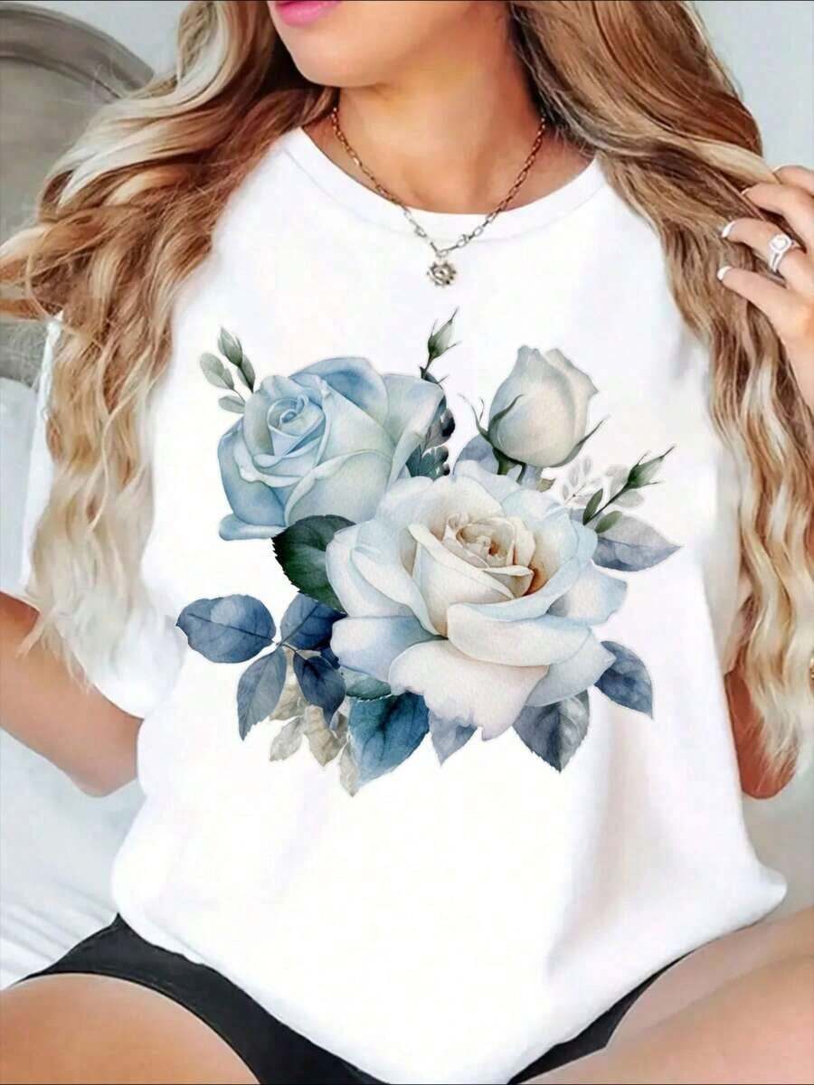 Women's Short-Sleeved T-Shirt With Round Neck And Rose Floral Print, Casual Summer Style, Fashionable Shirt With Elegant Floral Design, Comfortable And Loose Fit For Everyday Wear, Urban Vintage Style, Unisex, 100% Cotton T-Shirt With Round Neck And Short Sleeves. - 白色 - 查看 1