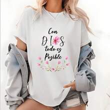 Camiseta de Mujer con Estampado Floral Inspirador en Español "Con DIOS Todo es Posible" - Negra con Letras Blancas y Flores Rosadas, Camiseta de Algodón Suave de Cuello Redondo y Manga Corta para Uso Casual, Gimnasio, Entrenamiento y Conjuntos de Primavera/Verano, Camiseta de Ajuste Cómodo. - Blanco - Ver 7