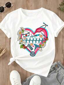 Camiseta de Mujer con Diseño de Corazón de Enfermera para Uso Casual en Primavera y Verano - Blanco - Ver 2
