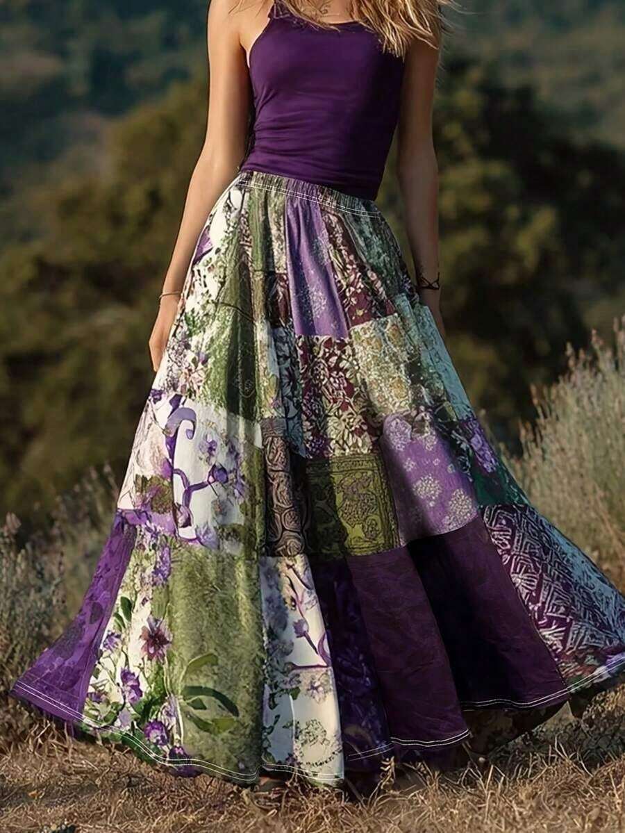 Falda larga de verano de estilo bohemio con diseño de patchwork y vuelo, de tela no elástica para mujer - Morado - Ver 1