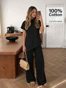 Conjunto de 2 piezas de top a rayas y pantalones con bajo asimétrico para mujer - Negro - Ver 12