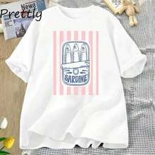 Camisetas Casuales Unisex para Salidas de Verano, Camiseta con Estampado de Sardinas en Conserva, Camiseta Gráfica Retro de Mariscos para Mujer, Camiseta Casual de Algodón de Manga Corta con Cuello Redondo, Ropa de Mujer C260224, Sudadera de Estilo Minimalista, Moda - Blanco - Ver 1