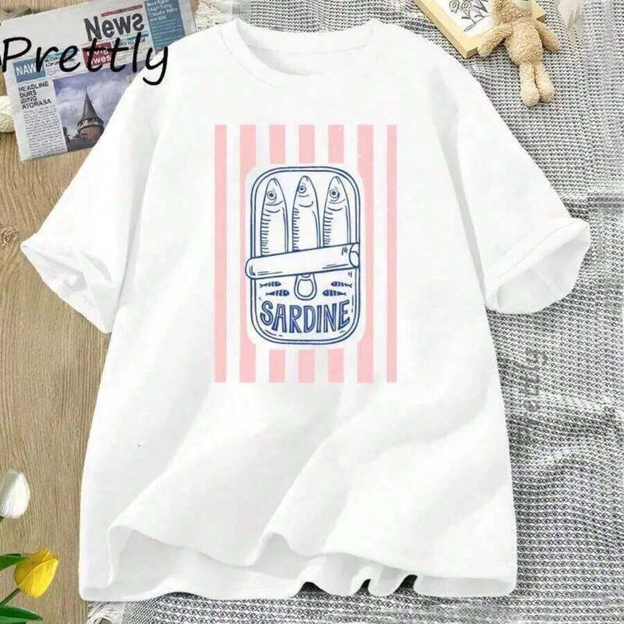 Camisetas Casuales Unisex para Salidas de Verano, Camiseta con Estampado de Sardinas en Conserva, Camiseta Gráfica Retro de Mariscos para Mujer, Camiseta Casual de Algodón de Manga Corta con Cuello Redondo, Ropa de Mujer C260224, Sudadera de Estilo Minimalista, Moda - Blanco - Ver 1