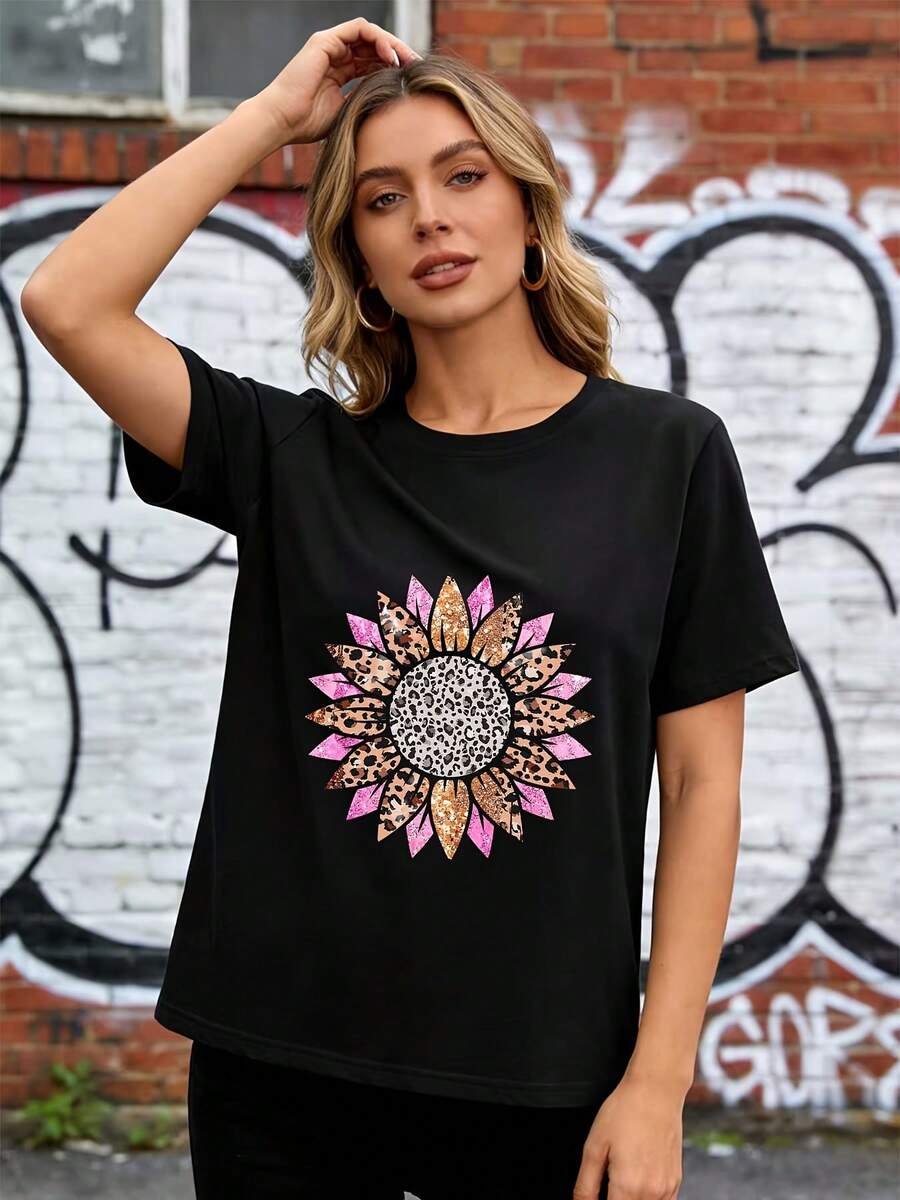 Camiseta Premium para Mujer de 180G, Diseño de Leopardo y Girasol para Fiestas de Verano - Regalo Perfecto para Seres Queridos, Ideal para Eventos de Equipo y Uso Diario, Ecológica - Negro - Ver 1