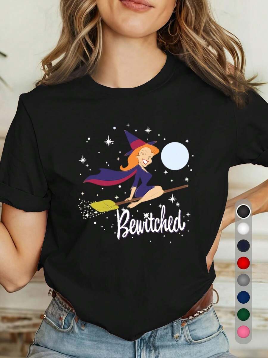 Women's T-Shirt With Magic Witch's Broom, Moon, And Starry Sky Design - 100% Soft, Crew Neck, Short Sleeve, Casual Top For Halloween And Everyday Wear, Purple Lettering And Magical Night Sky Design, Machine Washable For All-Season Comfort. ZHDI - 黑色 - 查看 1