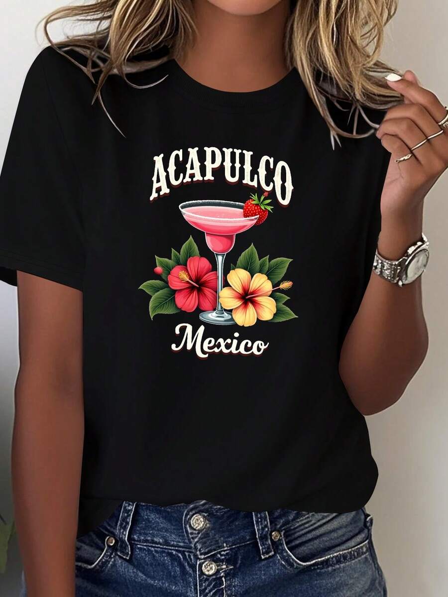 Women's Vintage Acapulco Mexican Cocktail Print T-Shirt - Nostalgic 60s Design With Tropical Hibiscus And Margarita, Soft Cotton Summer Casual Beachwear, Machine Washable Vacation Blouse - 黑色 - 查看 1