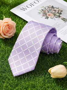 1pc Men's Light Purple Plaid Necktie, Suitable For Weddings, Parties, Fashion & Personalized - Mauve Purple - View 3