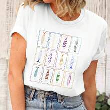 Camiseta con Estampado Gráfico de Peces para Mujer, Camisetas con Estampado Costero, Camiseta Informal de Manga Corta con Cuello Redondo, Ropa Informal de Verano - Blanco - Ver 1