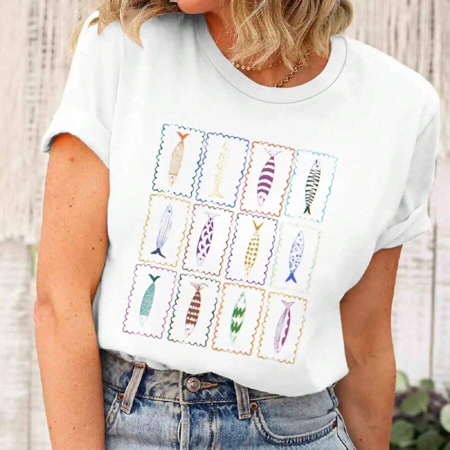 Camiseta con Estampado Gráfico de Peces para Mujer, Camisetas con Estampado Costero, Camiseta Informal de Manga Corta con Cuello Redondo, Ropa Informal de Verano - Blanco - Ver 1