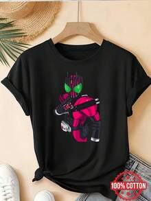 Camiseta de Mujer% Kamen Rider Build Rosa Cuello Redondo  de ModaDaily Casual Round Neck Short Sleeve-Shirt Women - Negro - Ver 1