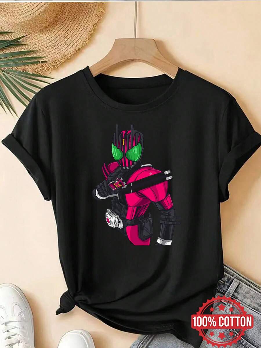 Camiseta de Mujer% Kamen Rider Build Rosa Cuello Redondo de ModaDaily Casual Round Neck Short Sleeve-Shirt Women - Negro - Ver 1