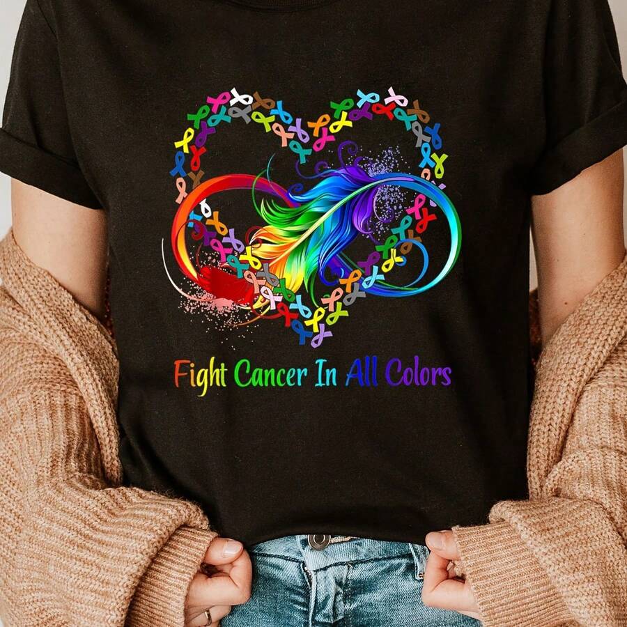 Women's T-Shirt "Cancer Sucks" - Short Sleeve, Crew Neck, Casual Style With Cancer Ribbon, Semi-Transparent For Daily Wear, Charity And Outfits, Machine Washable (Chinese Name And Heading "Cancer Sucks") - 黑色 - 查看 1