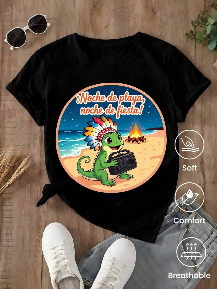 Camiseta de manga corta de moda para primavera y verano de 2026, hecha en México, 180 gramos. Estampado de dibujos animados, modelo de pareja, apta para uso interior o exterior. Cuello redondo, unisex, ideal para oficina y ocio. Paquete de una pieza. - Negro - Ver 1