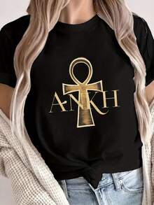 Plus-Size Short-Sleeved Crew Neck T-Shirt With A Gold Ankh Symbol Print, Suitable For Casual Spring And Summer Wear, Designed For Women. 100% Cotton. - 黑色 - 查看 3
