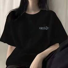 Camiseta unisex de cuello redondo y manga corta casual, con diseño de estampado de carita feliz cartoon. - Negro - Ver 1