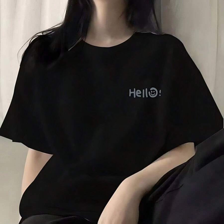 Camiseta unisex de cuello redondo y manga corta casual, con diseño de estampado de carita feliz cartoon. - Negro - Ver 1