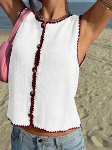 Blusa de punto sin mangas con ribete de bloques de color para vacaciones en la playa de mujer - Blanco - Ver 3