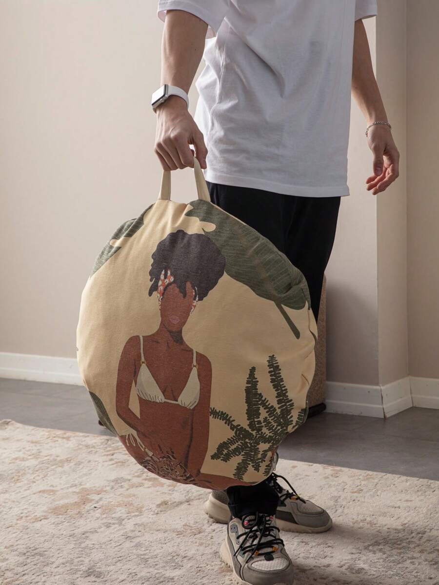 Almofada de chão redonda com estampa personalizada e alça para transporte, acolchoada e espessa - Puff de chão portátil estilo boêmio - Diâmetro: 60 cm - Cinza escuro - Ver 1