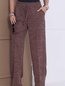 Women's Cold Weather Ribbed Knit Pants, Wide Leg, High Waist, Comfortable, Casual Fashion - Rust Brown - View 1