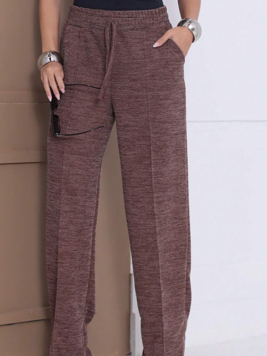 Women's Cold Weather Ribbed Knit Pants, Wide Leg, High Waist, Comfortable, Casual Fashion - Rust Brown - View 1