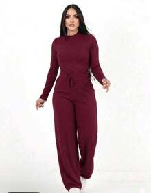 Women's Set: Wide Leg Pants And Long Sleeve Ribbed Knit Top - Premium Winter Casual Chic - Màu Đỏ Sâu - Xem 9