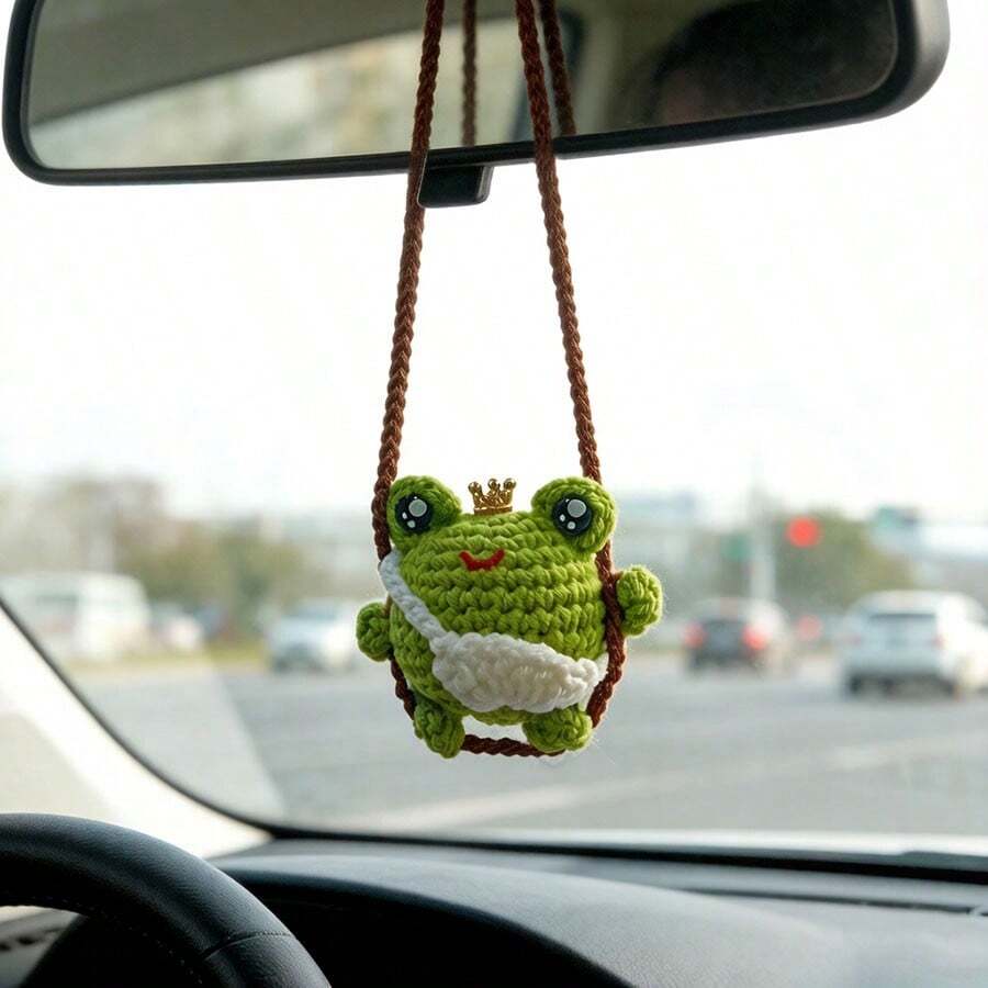 1pc Creative Handmade Crocheted Swinging Bunny & Frog Car Rearview Mirror Pendant, Bag Charm Decor - Swing Animals - View 1