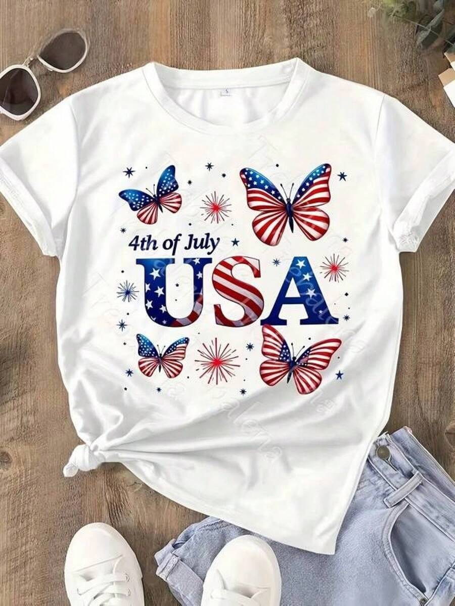 Camiseta de modaWomen'S Casual Patriotic 4th Of July USA1 Print Lightweight T-Shirt, Crew Neck Short Sleeve Tops For Summer, Summer Vacation Clothing, Suitable For Festival & Daily Wear,Camisetas conmemorativas, productos de anime japonés, conjuntos para padres e hijos, artículos para el Día de San Valentín, camisetas gráficas para hombre, camisetas gráficas para mujer, camisas - Blanco - Ver 1