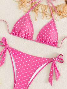 Bộ bikini 2 mảnh thời trang và dễ thương họa tiết chấm bi đen trắng dành cho nữ, lý tưởng cho bãi biển và spa. - Màu Hồng Tươi - Xem 5