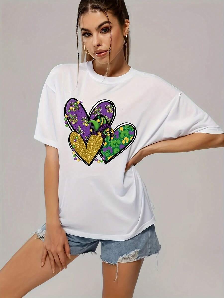Camiseta de Manga Corta para Mujer con Estampado de Corazón Carnaval, Nueva de Moda Primavera/Verano - Blanco - Ver 1