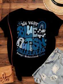 Usamos azul para la conciencia sobre el autismo, camiseta de apoyo al autismo para aceptar, comprender y amar, para mujeres, hombres y niños, regalo para el Día de la Conciencia sobre el Autismo, 220g - Estilo vintage urbano, camiseta unisex de algodón suelto de manga corta y cuello redondo, 100% algodón. - Negro - Ver 4
