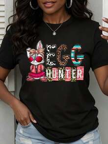 Women's Easter Bunny Print T-Shirt, Cute Rabbit Graphic Tee, Fashionable Spring Holiday T-Shirt, Urban Vintage Style, Unisex, Cotton, Short Sleeve, Round Neck, 100% Cotton - 黑色 - 查看 7