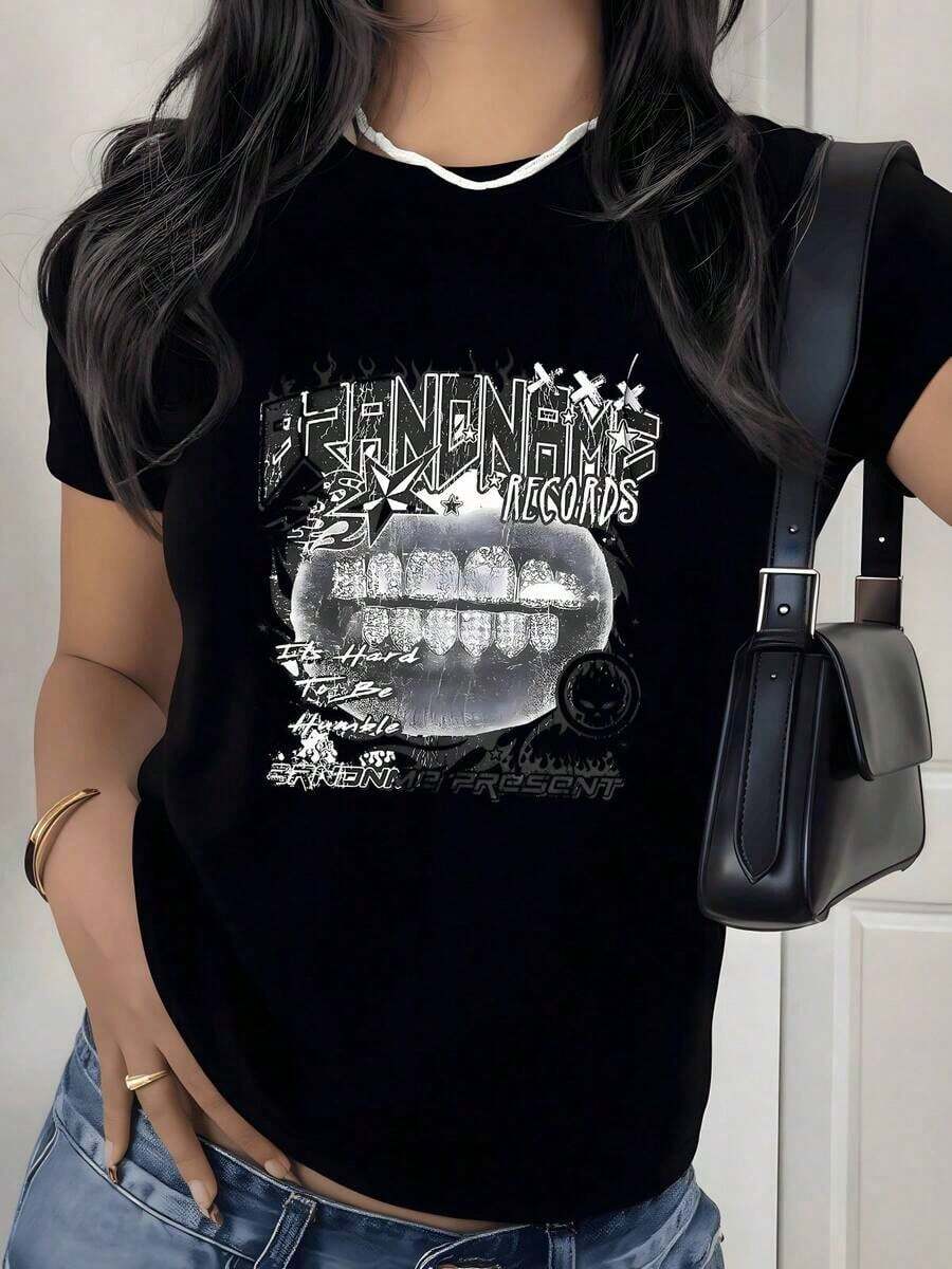 Camiseta con Estampado Gráfico de Llamas y Calaveras, 180g, 1 Pieza, Estilo Punk Rock, Casual para Mujer, 100% Algodón, Estilo Vintage Streetwear - Negro - Ver 1