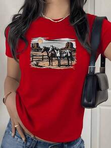 Western Desert Horse Graphic Print T-Shirt, 180g, 1 Piece, Denim Style, Casual For Women, 100% Cotton, Vintage Outdoor Style - 紅色 - 查看 9
