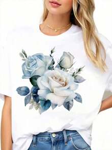 Women's Short-Sleeved T-Shirt With Round Neck And Rose Floral Print, Casual Summer Style, Fashionable Shirt With Elegant Floral Design, Comfortable And Loose Fit For Everyday Wear, Urban Vintage Style, Unisex, 100% Cotton T-Shirt With Round Neck And Short Sleeves. - 白色 - 查看 3