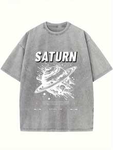 Camiseta de algodón retro con estampado espacial SATURN para hombre y mujer, de una sola pieza, color negro con diseño estampado en blanco, cuello redondo informal, manga corta, regalo perfecto para el verano, lavable a máquina. - gris - Ver 6