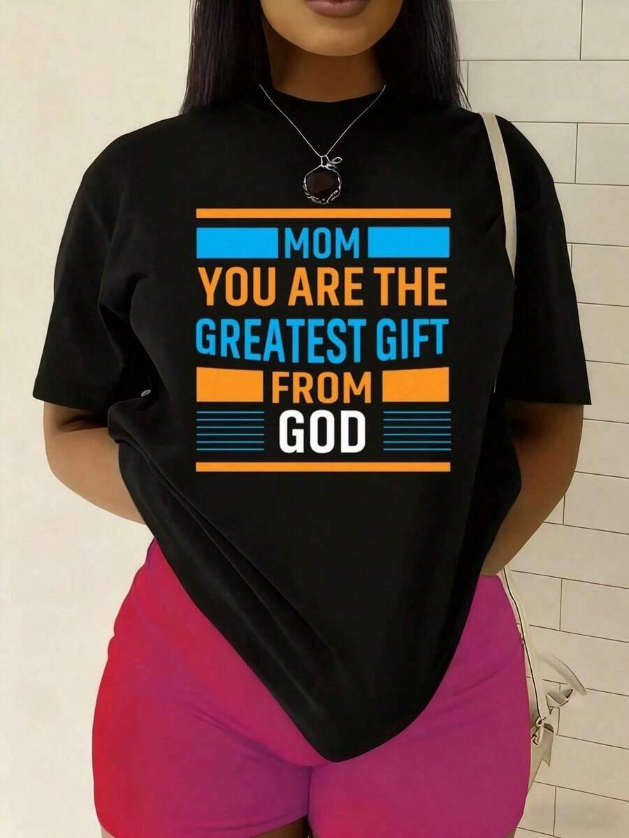 Camiseta única para mamá con el diseño y2k que destaca el mensaje ERES EL REGALO MÁS GRANDE DE DIOS ideal para cualquier ocasión y tributo a las mamás modernas perfecta para regalar en el Día de las Madres una prenda cómoda y estilosa para demostrar tu amor - Negro - Ver 1