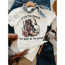 Camiseta de Mujer con Estampado Gráfico Estilo Vaquero Occidental, Cuello Redondo, Manga Corta, para Primavera y Verano, Diseño Vaquero, Camiseta de Algodón Holgada y Versátil - Blanco - Ver 5