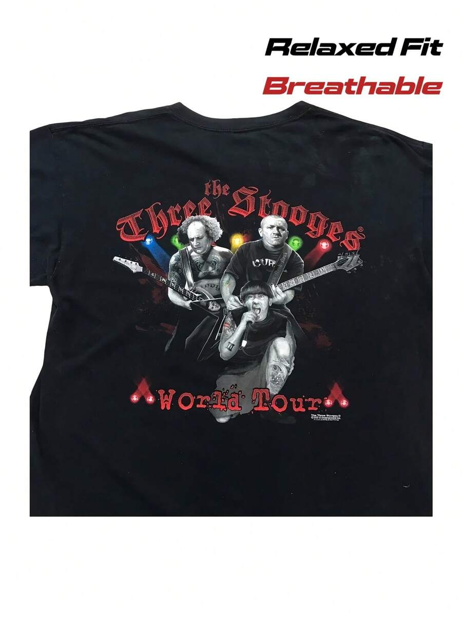 Camiseta vintage de la banda de rock Three Stooges, cuello redondo, corte holgado, sudadera, adecuada para ocasiones casuales y formales, lavable a máquina, transpirable, top deportivo, regalo, adecuada para Navidad y Año Nuevo en familia, camisas de mujer, blusas para mujer, blusas casuales para damas, atuendo de fiesta, moda moderna, estilo urbano, uso diario, ropa para clima cálido, ropa diaria de verano. - Negro - Ver 1