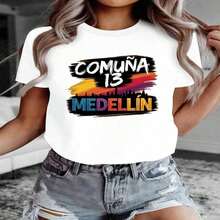 ComfortableCómoda camiseta de color sólido, con el estampado de arte urbano de la Comuna 13 de Medellín, camiseta de algodón de corte holgado.Fashion All-match Women's Short Sleeve T-shirt, Basic Style for Inner & Outer Wear - Blanco - Ver 6