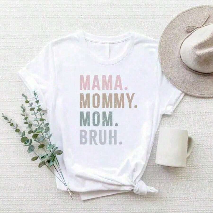 1 "Mama Mommy Mom Bruh" T-Shirt, Mother's Day Gift, Sarcastic Mom T-Shirt, Funny Mom Gift, Funny Mom T-Shirt, Mother's Day T-Shirt, T-Shirt For Mom, Best Gift For Mom, Birthday Gift For Mom, 180g 100% Cotton. - 白色 - 查看 1