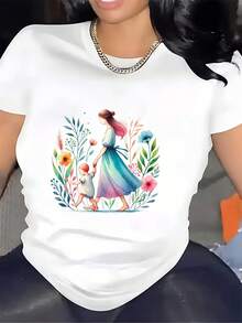 Encantadora camiseta con estampado floral y de mamá – la elección perfecta para Pascua y salidas familiares, un regalo ideal para ella, una blusa de manga corta cómoda y elegante. - Blanco - Ver 7