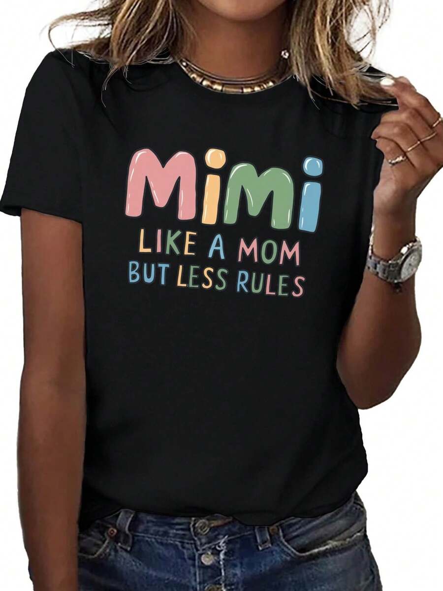 Camiseta casual para mujer |   MIMI, COMO UNA MAMÁ, PERO CON MENOS REGLAS, diseño estampado, cuello redondo, manga corta, elasticidad media, lavable a máquina, una prenda imprescindible para primavera y verano, camiseta divertida con estampado, camiseta para mamá. - Negro - Ver 1
