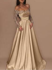 Vestido de fiesta con lentejuelas mangas largas estilo elegante para banquetes eventos y presentadoras de mujer - Dorado - Ver 1