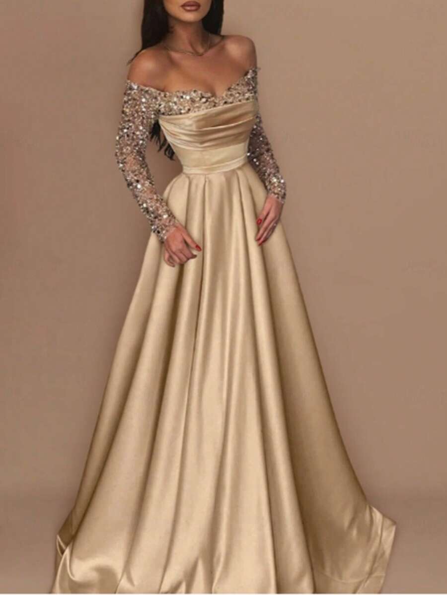 Vestido de fiesta con lentejuelas mangas largas estilo elegante para banquetes eventos y presentadoras de mujer - Dorado - Ver 1
