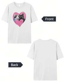 Women's T-Shirts, Cotton T-Shirt With Heart Print, Couple Of Cats, Cute Animal, Round Neck, Short Sleeve, Casual Style, Loose Fit, Black, Size M - 白色 - 查看 6