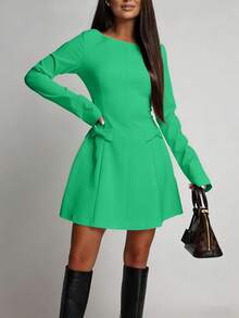Mini Dress With Long Sleeves, Round Neck With Bow And Defined Waist - 墨綠色 - 查看 5