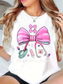 Camiseta de Mujer con Estampado Médico de Estetoscopio y Lazo Rosa, Camiseta Gráfica para Asistentes de Enfermería Certificadas y Trabajadores de la Salud, 220g Adecuado como regalo. playera de mujer. blusas>elegantes. boho chic,Top de mujer suave, transpirable y cómodo, ideal para primavera, verano y otoño, perfecto para vacaciones, viajes y uso diario. - Blanco - Ver 6