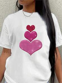 Camiseta de manga corta de poliéster, diseño con estampado de corazones rosados, ropa casual, ligera y duradera, adecuada para el uso diario en casa, en la oficina o en entornos de comedor. - Blanco - Ver 7