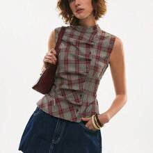 Chaleco casual de mujer de un solo pecho con pliegues a cuadros - Multicolor - Ver 2